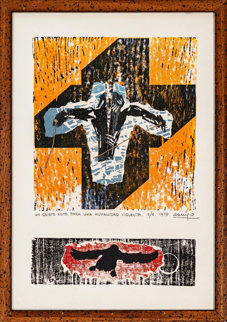 Edgardo Antonio Vigo, Un Cristo roto para una humanidad violenta, 1979, collage su carta, 50 x 35 cm