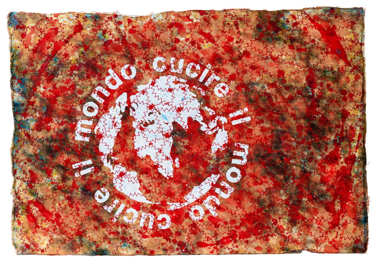 Luigi Dellatorre, Cucire il mondo # 237 (lacerto mondo), 2023, tecnica mista, tela jeans, cuciture, colore vinilico, resina sintetica, 98x69 cm