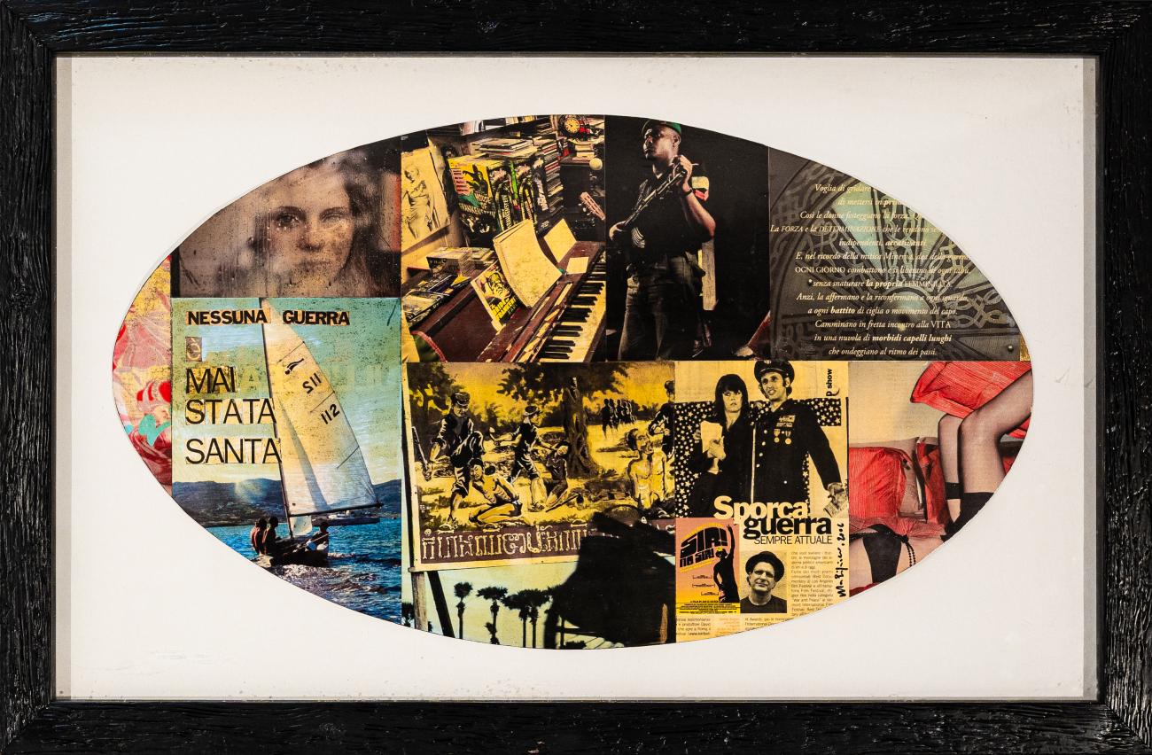 Malipiero, Nessuna guerra è santa, 2006, collage su cartone, 40 x 70 cm