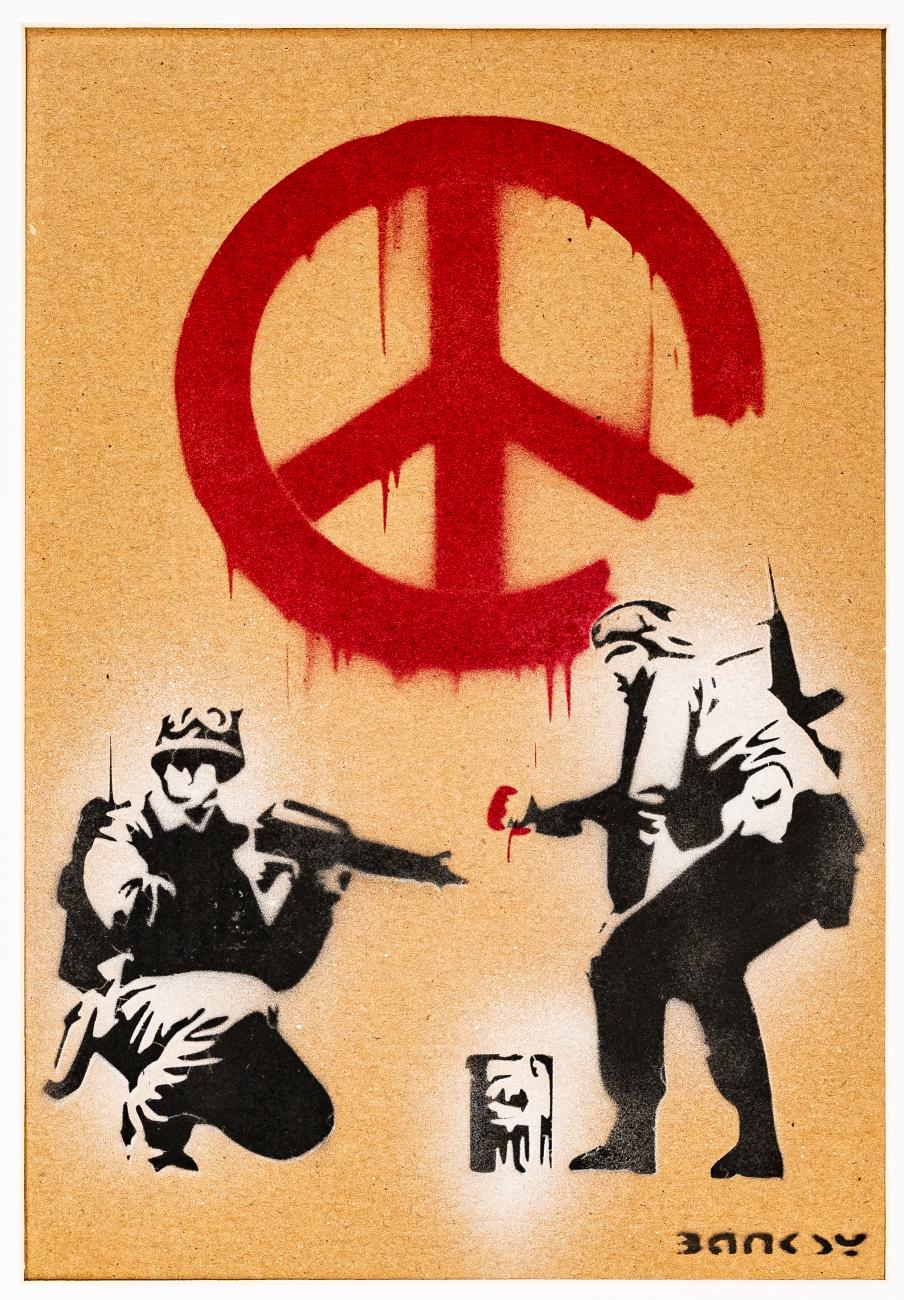 Banksy, CND Soldiers (Peace Soldiers), 2015, pittura a spray su cartone (ex. 47 di 50), 31 x 20 cm